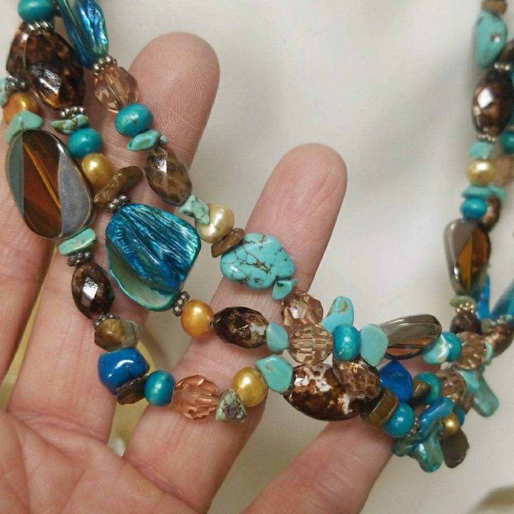 Artisan Handmade Brown Turquoise Teal Golden Shell Necklace NEW - Picture 2 of 5